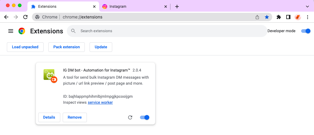 IG DM Bot chrome extension install done