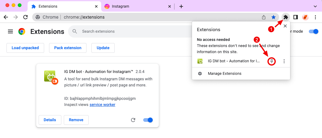 IG DM Bot chrome extension install pin